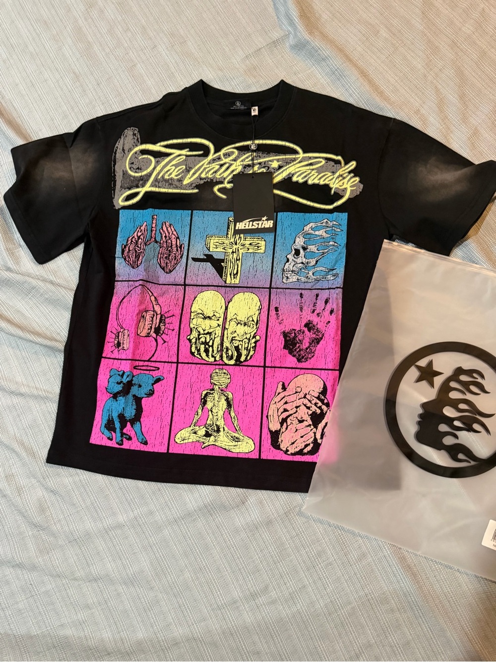 Men's Black Short-Sleeve Graphic Tee with Neon Panel Grid